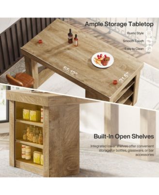 Wooden Farmhouse Bar Table, 55" Large Counter Height Table with Storage Shelves, Modern Home Bar Furniture