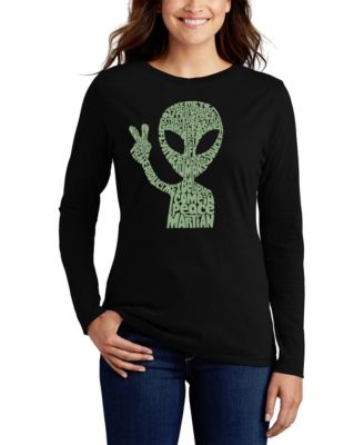 LA Pop Art - Women's Peace Alien Word Art Flowy T-Shirt Black