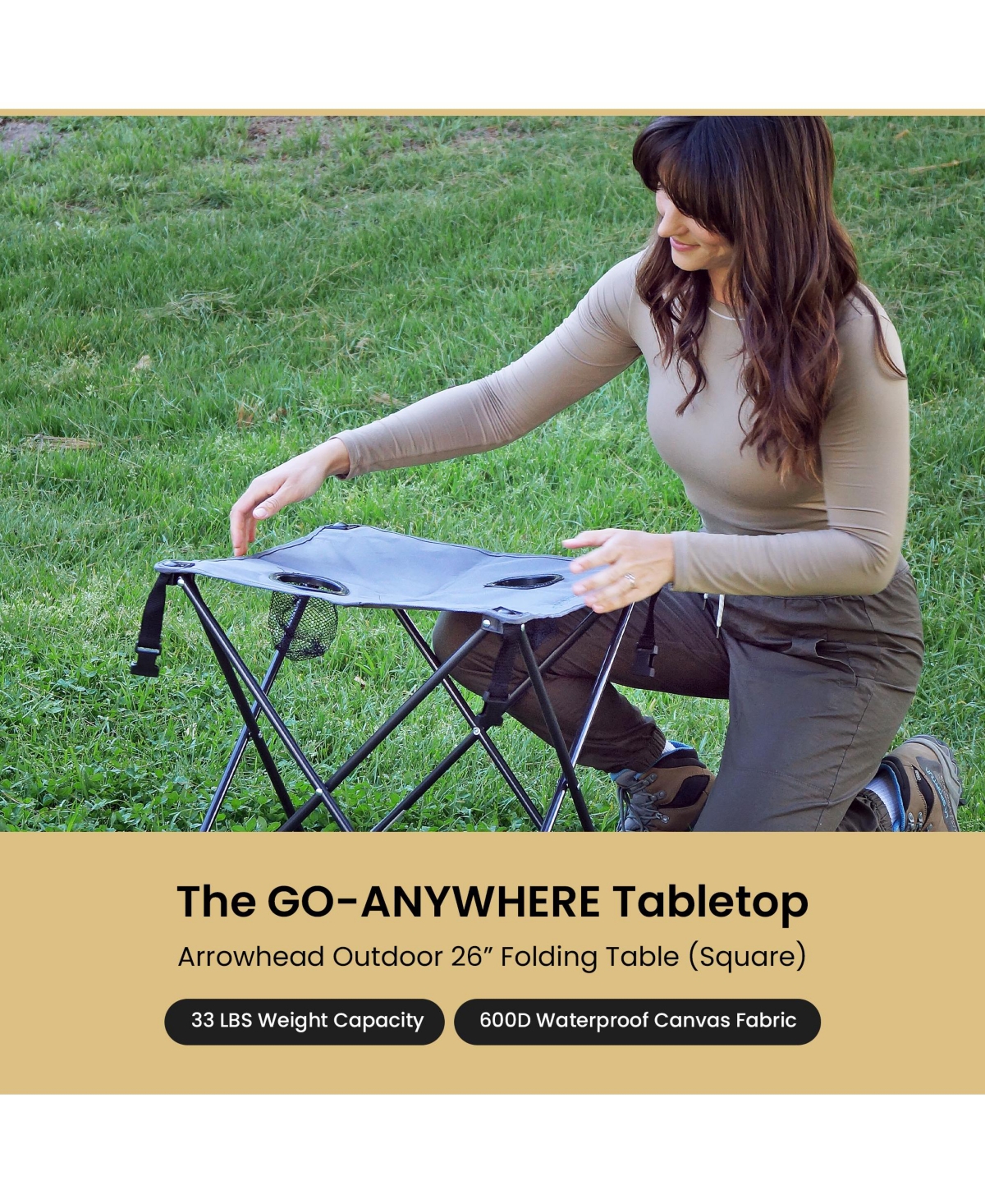 Arrowhead Outdoor 26" Heavy-Duty Portable Folding Camping Table, Square 600D Canvas Top, 2 Cup Holders, Steel Frame, Carry Bag, 2-Pack