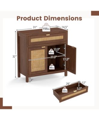 Sideboard Storage Cabinet with Rattan Doors and Drawer, 31 x 14.5 x 32 in
