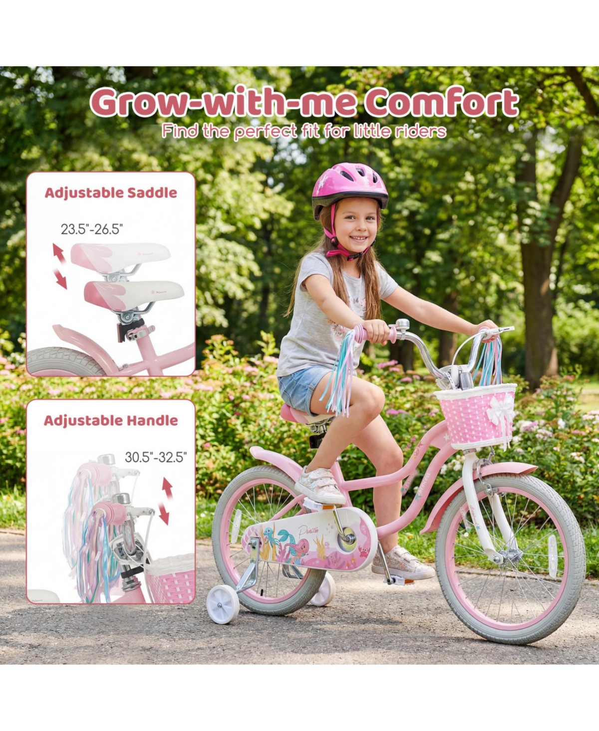 Slickblue Adjustable Kids Bike with Front Basket and Streamers