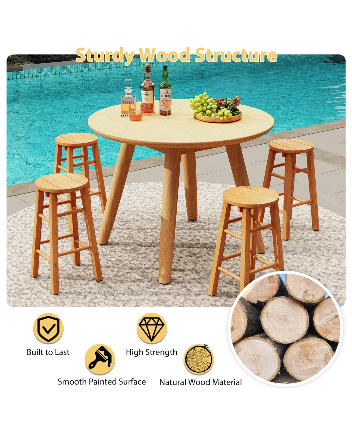 Sugift 24-Inch Outdoor Wood Bar Stools Set of 2 with Round Seat and Footrest