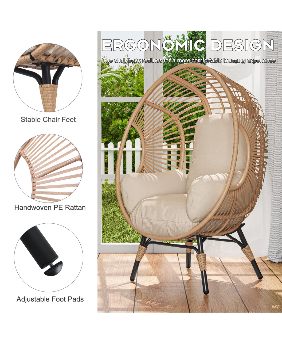 Rainsken Oversized Wicker Egg-Chair, Outdoor Indoor Pe Rattan Patio Swing with 8-Inch Cushion, 400 lb Capacity for Living Room, Balcony, Backyard