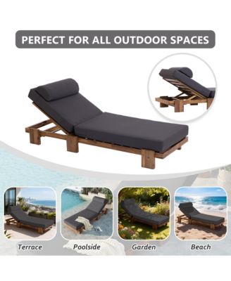 78.8'' Outdoor Chaise Lounge Chair, Acacia Wood Reclining Chair with Headrest, Retractable Side Tray and Adjustable Backrest for Beach