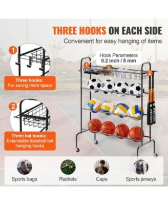 4-Tier Rolling Basketball Rack with Wheels, Hooks & Baskets, Sports Equipment Storage Organizer for Garage, Balls & Gear