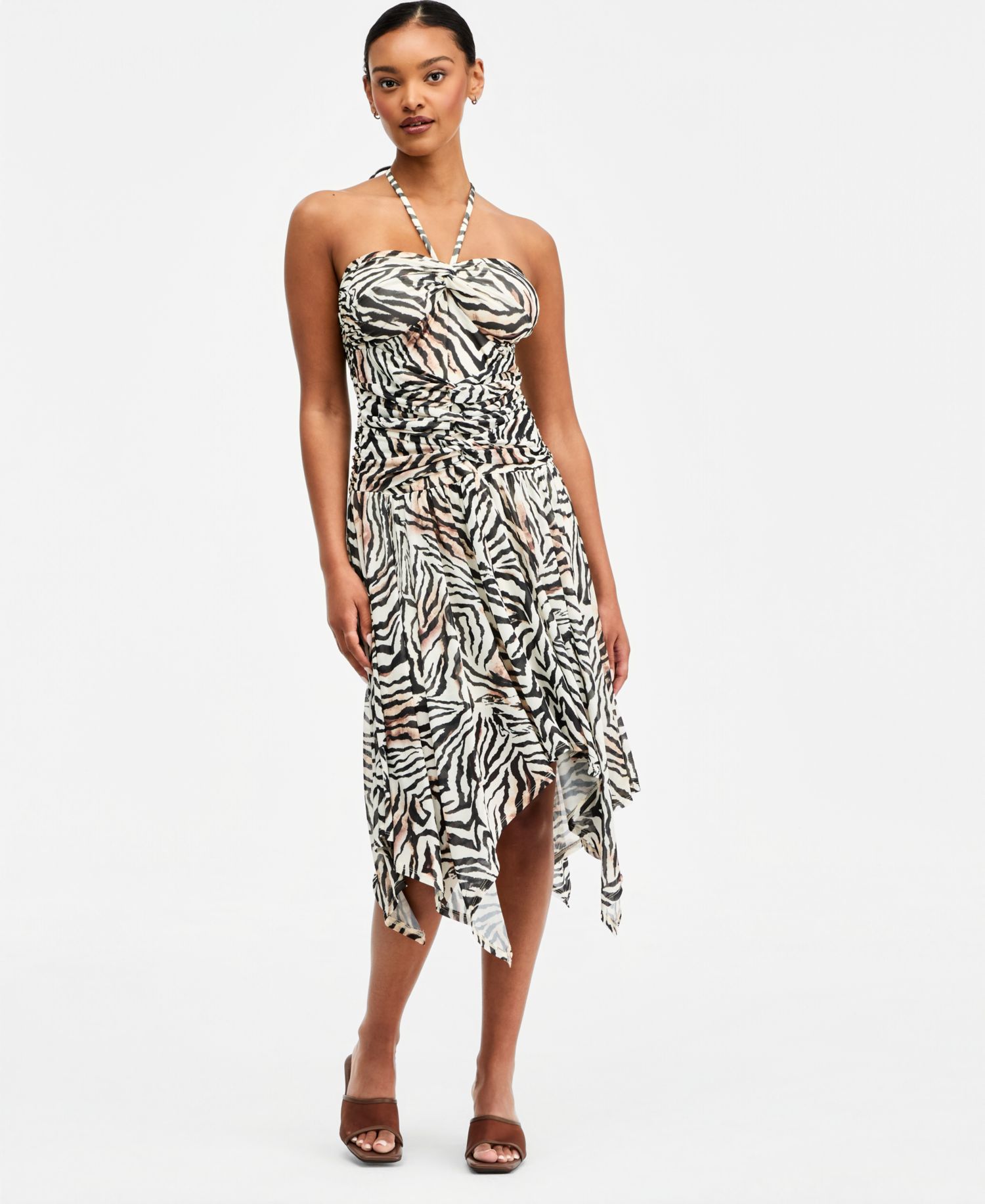 Women's Zebra Printed Asymmetric Mesh Midi Dress