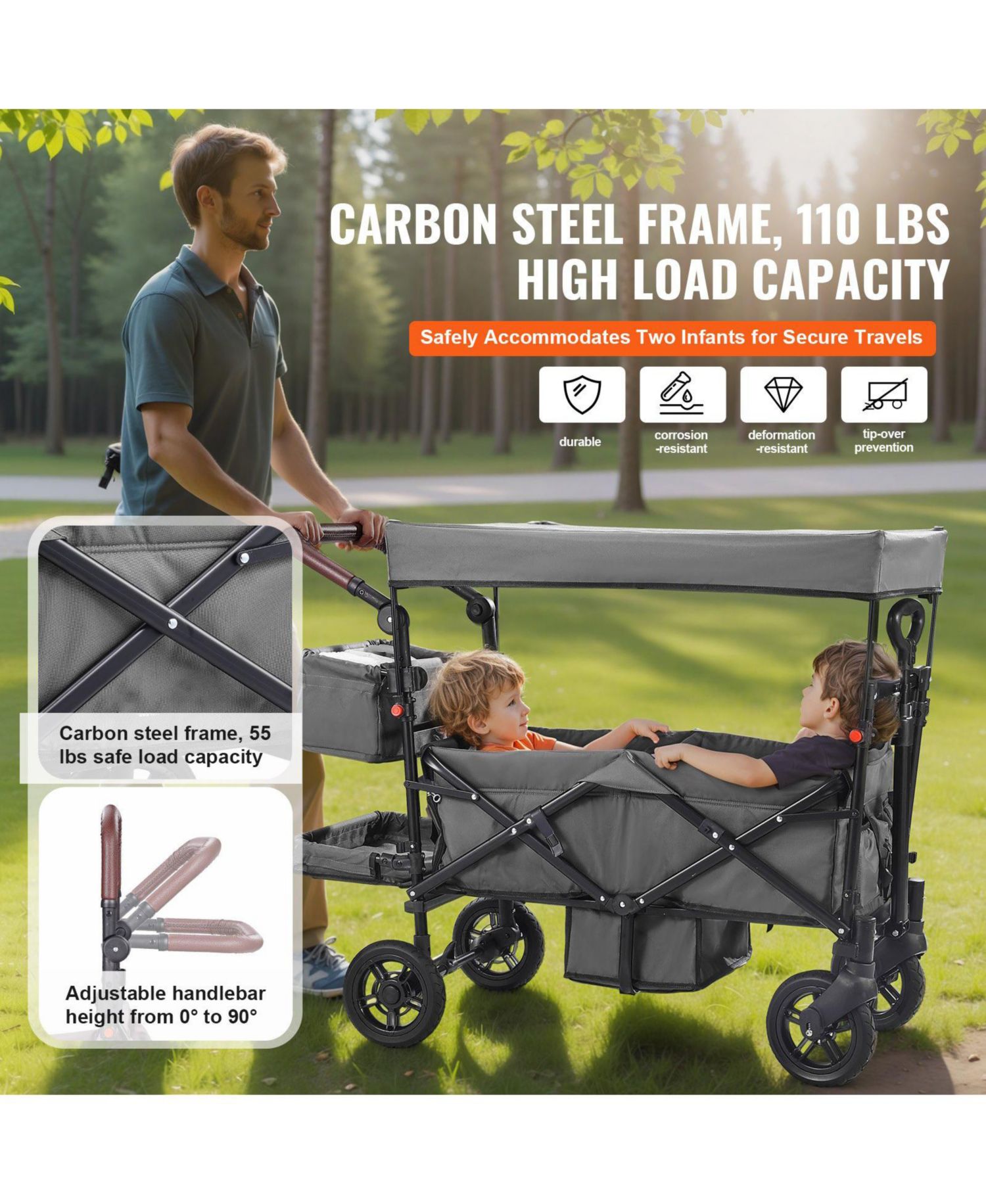 Wagon Stroller for 2 Kids, Collapsible Push Pull Quad Stroller with Adjustable Handle, Harness, Removable Canopy
