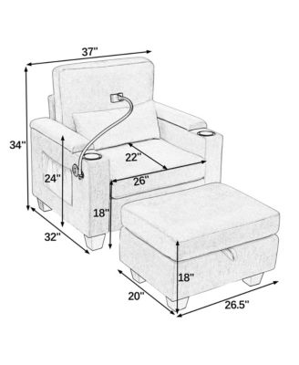 Multi-Functional Accent Chair and Storage Ottoman, Convertible Chaise Sleeper with USB and Phone Stand for Living Room and Apartment