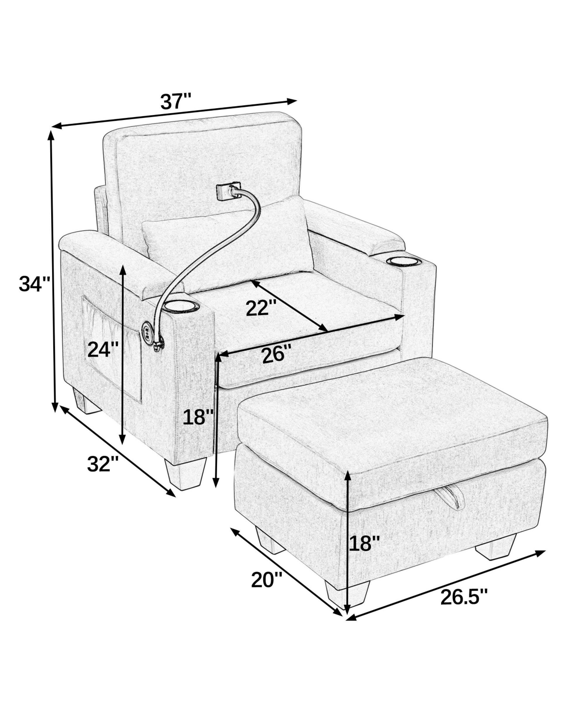 Rainsken Multi-Functional Accent Chair and Storage Ottoman, Convertible Chaise Sleeper with Usb and Phone Stand for Living Room and Apartment