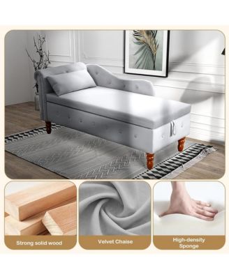 Velvet Upholstered Chaise Lounge Chair, Modern Rolled Armrest Accent Chair with Hidden Storage, Nailhead Trim and Pillow for Living Room