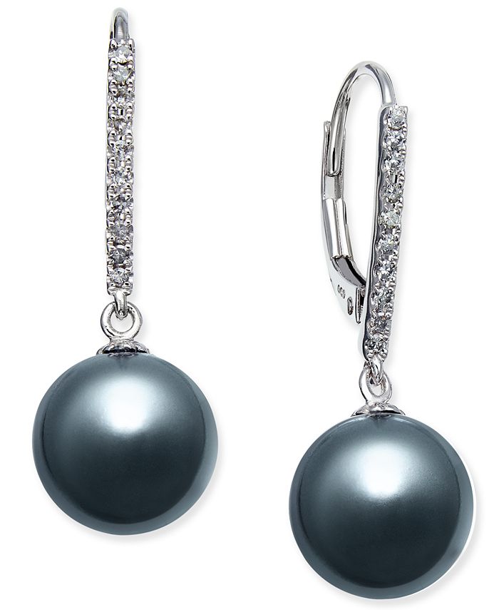 Macy's - Cultured Tahitian Pearl (9mm) and Diamond (1/10 ct. t.w.) Drop Earrings in 14k White Gold