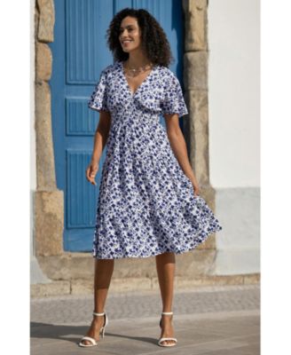 Women's Floral Angel Sleeve Midi Dress