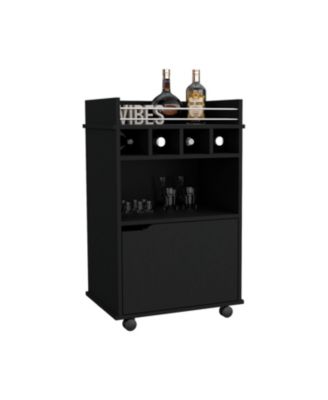 35 Inch Bar Cart with 2 Shelves, 4 Wine Cubbies and 1 Cabinet