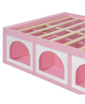 Modern Wooden Full Size Platform Bed Frame for Kids Teens, Integrated with Bookshelf, Side Display Cabinet, LED Lighting and Storage Drawer