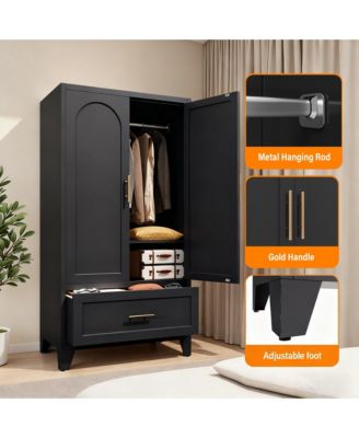 Wardrobe Cabinet, 60" Tall Armoire Wardrobe Closet with 1 Drawer, 2 Doors and Hanging Rod, Farmhouse Clothing Storage Cabinet for Bedroom