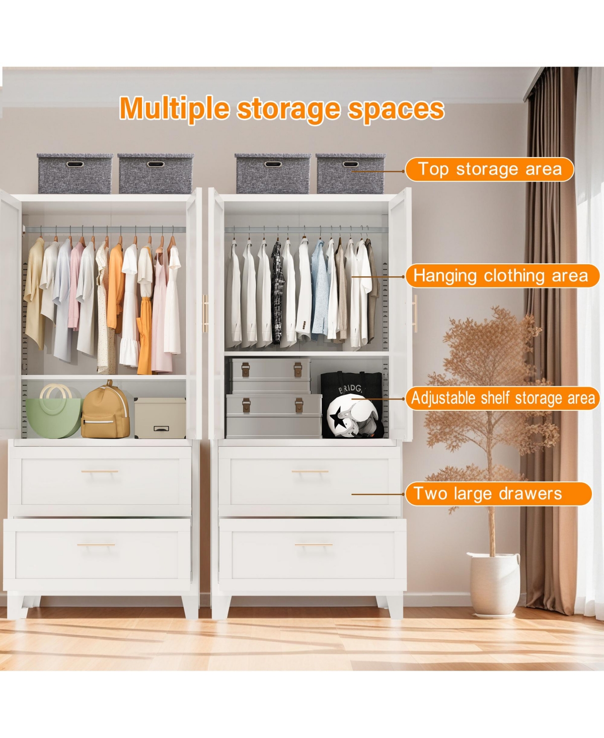 Rainsken Metal Wardrobe Cabinet, 71" Tall Armoire Wardrobe Closet with 2 Doors, 2 Drawers, Hanging Rod and Shelf, Storage Cabinet for Bedroom