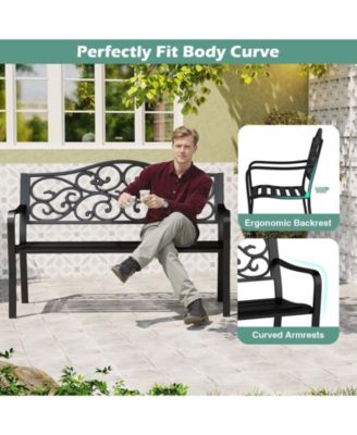 50 Inches Outdoor Cast Iron Metal Patio Bench with Floral Design Backrest and Slatted Seat