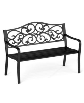 50 Inches Outdoor Cast Iron Metal Patio Bench with Floral Design Backrest and Slatted Seat