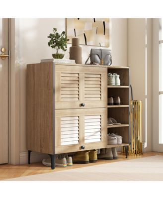 Shoe Rack Organizer with Flip-up See-through Doors and Adjustable Shelves-Oak