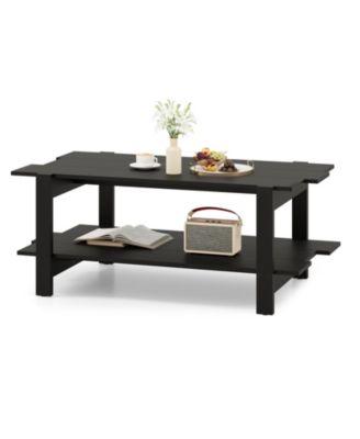 2-Tier Coffee Table Slatted Wood Center Table with Storage Shelf