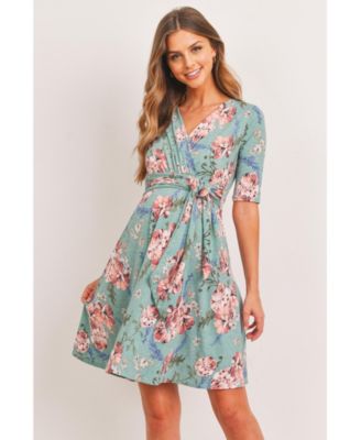 Maternity Floral Wrap Dress with Tie Waist Nursing Friendly