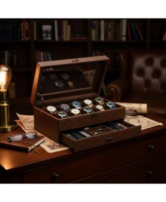 2Layer 12Slot Watch Box PU Leather Removable Pillows Clear Glass Lid Organizer Storage