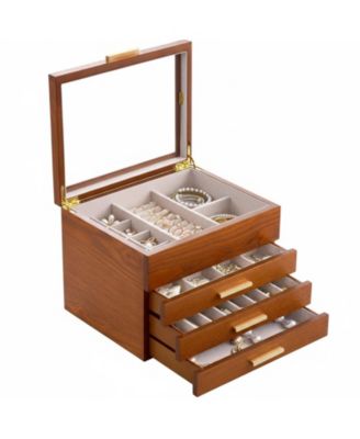 3-Layer Clear Window Wood Grain Jewelry Organizer Box for Earrings Bracelets Necklaces Rings High Capacity Storage Gift