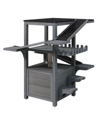 Outdoor Cat House 4 Tiers, Weatherproof Cat Tree Tower with Waterproof Roof, Multi-Level Play Zones with Balcony and 2 Doors, Grey
