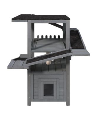 Outdoor Cat House 4 Tiers, Weatherproof Cat Tree Tower with Waterproof Roof, Multi-Level Play Zones with Balcony and 2 Doors, Grey