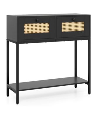 Rattan Entryway Table with 2 Drawers and Open Shelf Storage