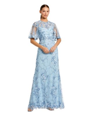 Petite Flutter Sleeve Floral Embroidered Net Gown
