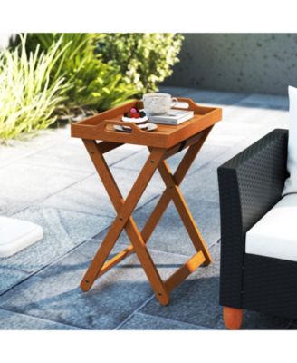 Outdoor Wood Tray Table Portable Side End Table with Folding Frame