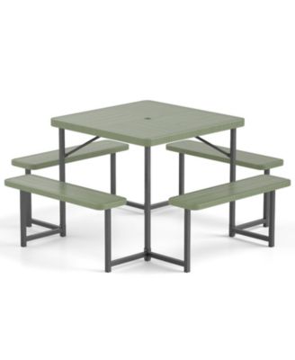 Outdoor Square Picnic Table Bench Set for 4-8 People with Umbrella Hole.