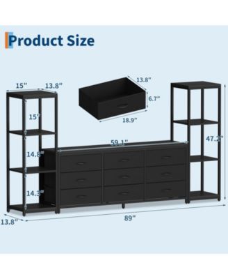 TV Stand Dresser for Up to 75" TV, 9 Fabric Drawers, 2 4-Tier Shelves, Wood Look