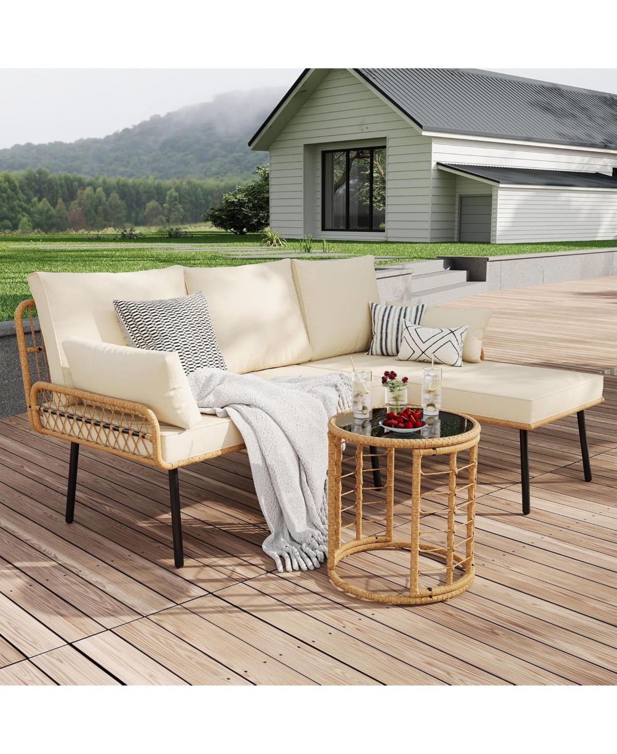 gaomon 3-Piece Patio Furniture Set, All Weather Rattan Sofa with Tempered Glass Coffee Table and Thick Cushions, Sectional L-Shaped Patio Furniture
