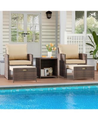 5-Piece High Back Patio Conversation Set with 2 Ottomans and Table, All-Weather PE Rattan Lounge Chairs with Soft Cushions, Ideal for Balcony