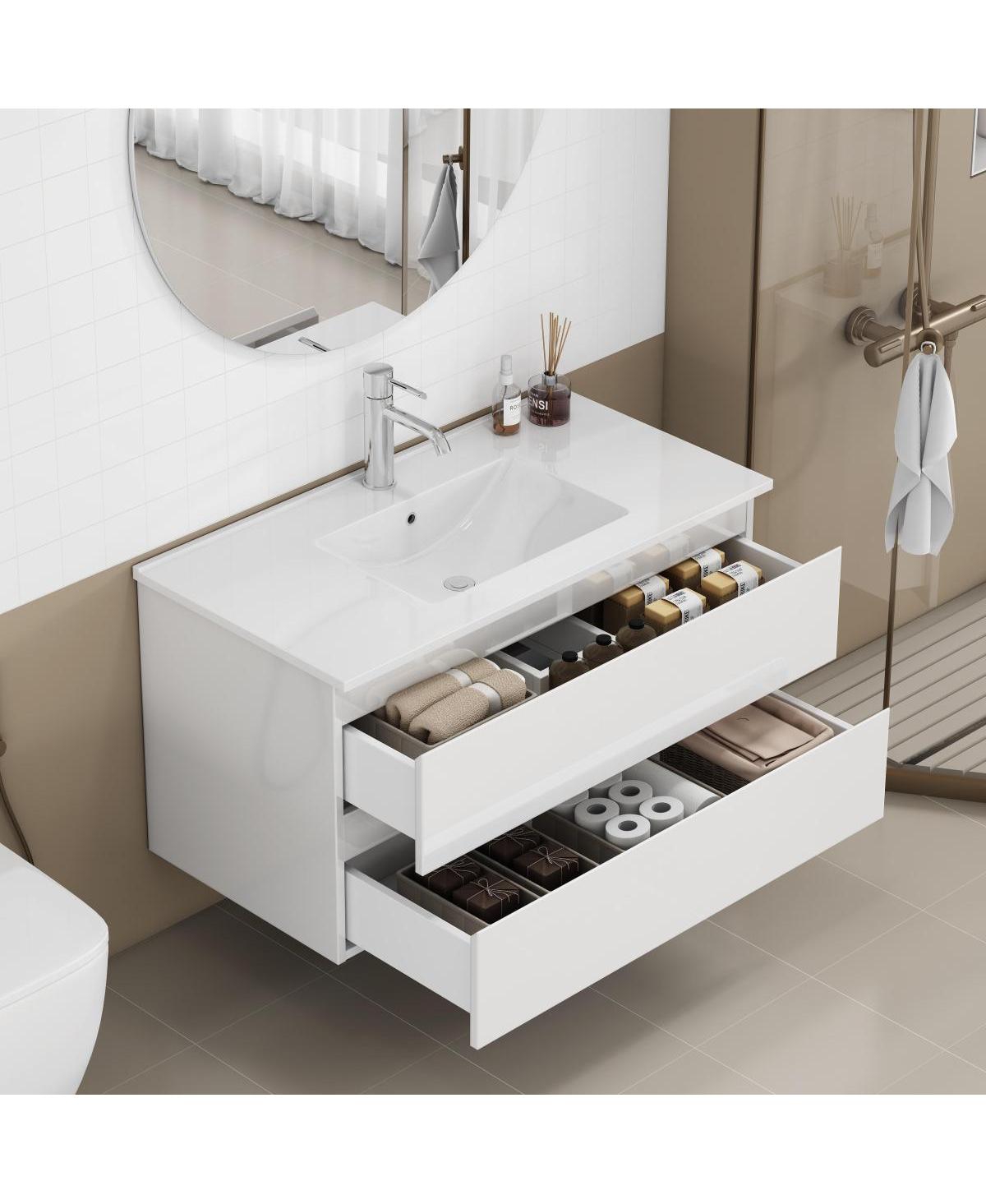 Sillysis Walnut Freestanding Bathroom Vanity with Sintered Stone Top, Ceramic Sink, Soft Close Storage