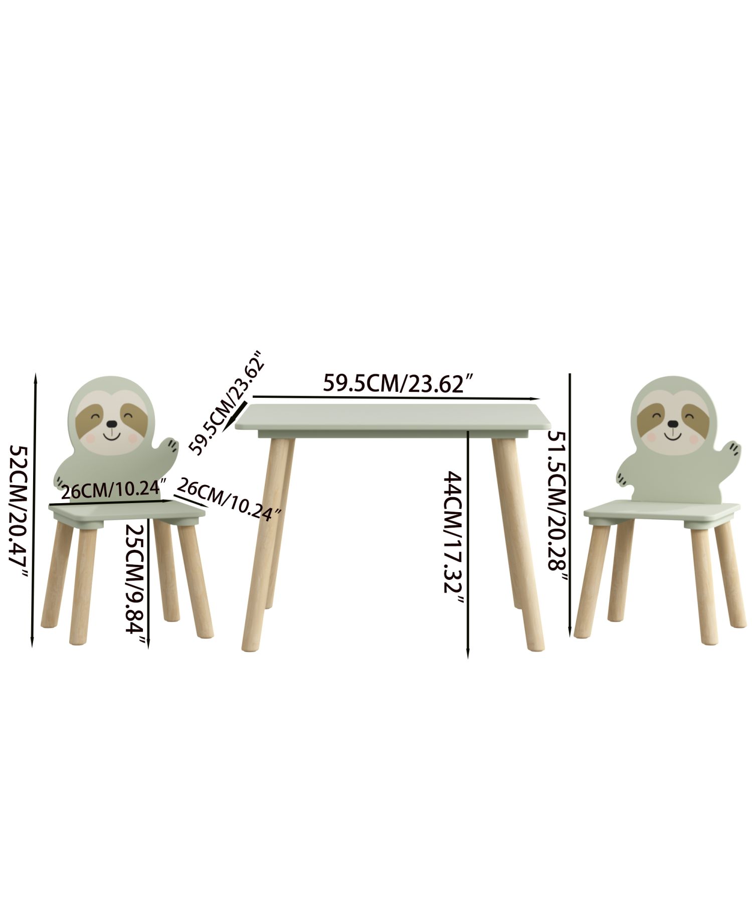Kids Table and Chair Set, with 2 Cute Sloth Chairs, Wood Activity Tables Drawing Play Table Set, for Age 2-6 Boy Girl