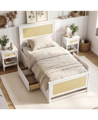 Twin Solid Wood Platform Bed Frame with Storage Drawers and Rattan Headboard