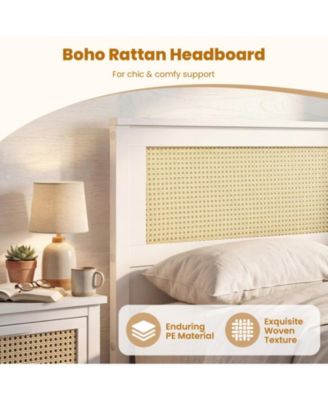 Twin Solid Wood Platform Bed Frame with Storage Drawers and Rattan Headboard