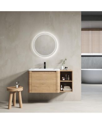 40 Inch Wall Mounted Bathroom Vanity with Ceramic Sink, Storage Shelves, Soft Close Door and Plywood Cabinet