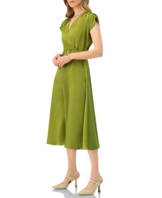 Women's Sleeveless Midi Satin Dress with Belt