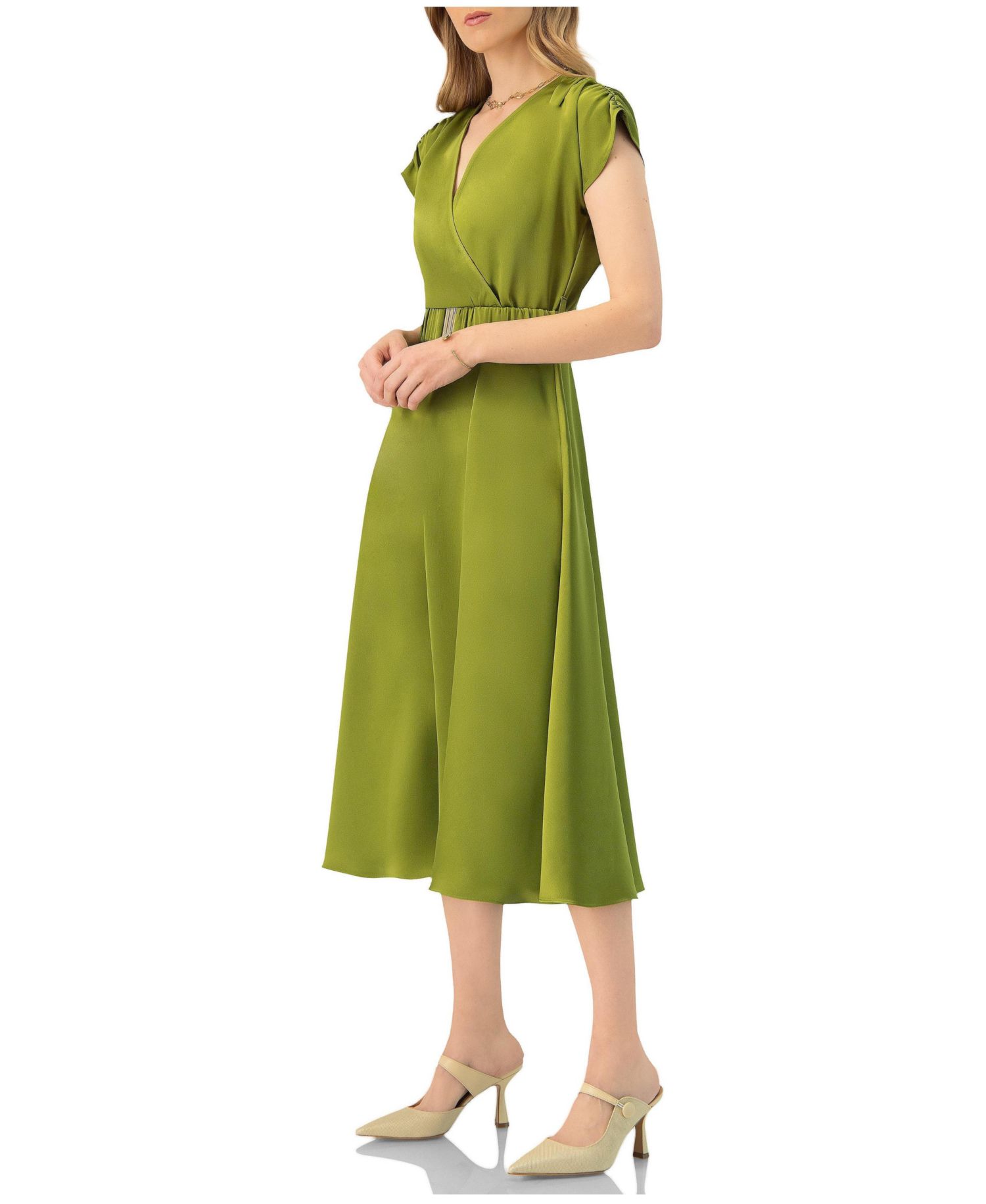 Women's Sleeveless Midi Satin Dress with Belt