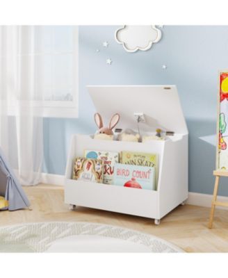 Wooden Mobile Toy Storage Organizer with Bookshelf and Lockable Wheels