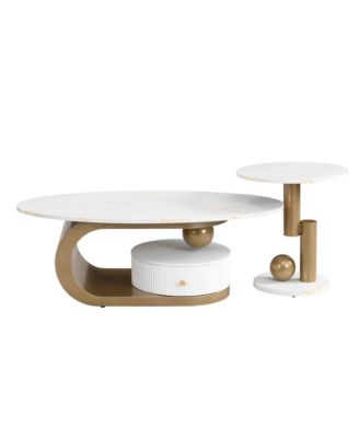 Modern Nesting Coffee Table Set of 2, Oval and Round Table Set with Faux Marble Texture Surface and Storage Drawer for Living Room