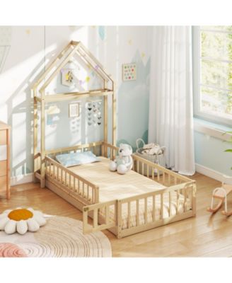 Twin House Floor Bed with House-Shaped Headboard