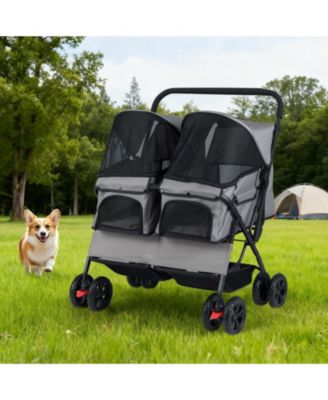 Foldable Double Pet Stroller with Sunshade and Basket