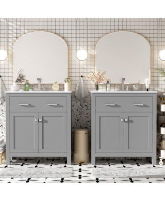 60 Inch Double Sink Bathroom Vanity with Ceramic Sinks, Solid Wood Frame, Flip-Out Drawer and Adjustable Shelf