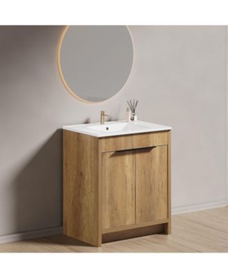 30 Inch Floor Standing Bathroom Vanity with 3D Grooved Panel Integrated Ceramic Sink Modern Freestanding Cabinet