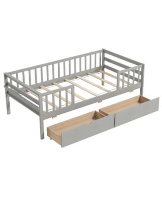 Twin Daybed with Fence and 2 Drawers Kids Bed for Boys and Girls